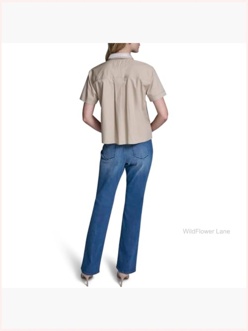 Short Sleeve Gold Bead Collar Button Down Cropped Blouse - Picture 4 of 6